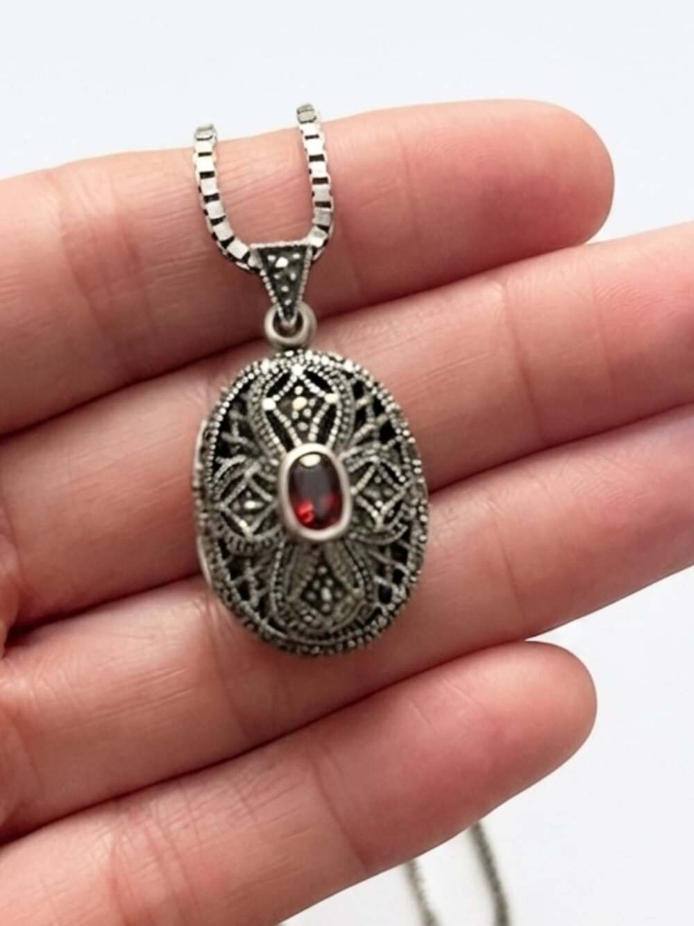 Sterling Silver Garnet Necklace / Locket 925